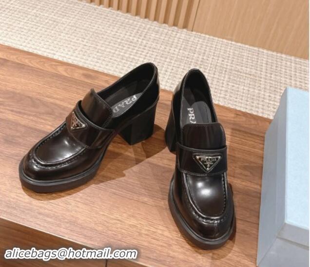 Buy Luxury Prada Chocolate Brushed Leather Loafers Pumps 7.5cm Black 115007