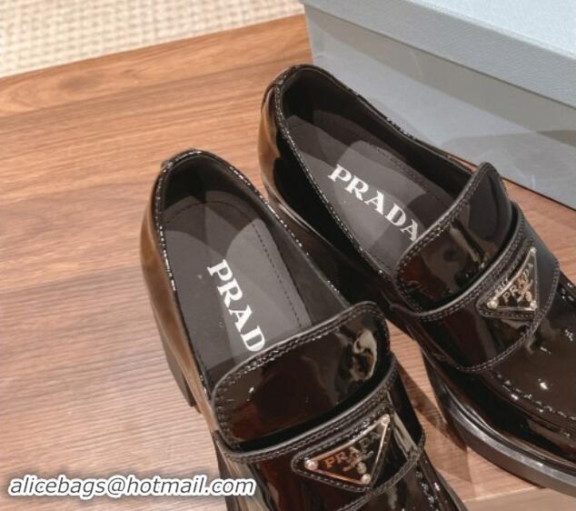 Sophisticated Prada Chocolate Patent Leather Loafers Pumps 7.5cm Black 115008