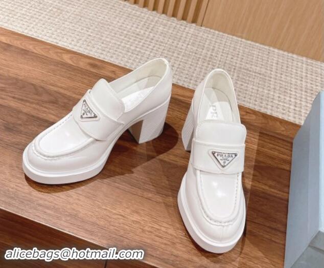 Good Quality Prada Chocolate Brushed Leather Loafers Pumps 7.5cm White 115009