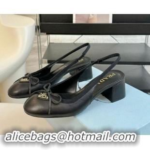 Top Grade Prada Leather Slingback Pumps with Bow and Logo Black 115010