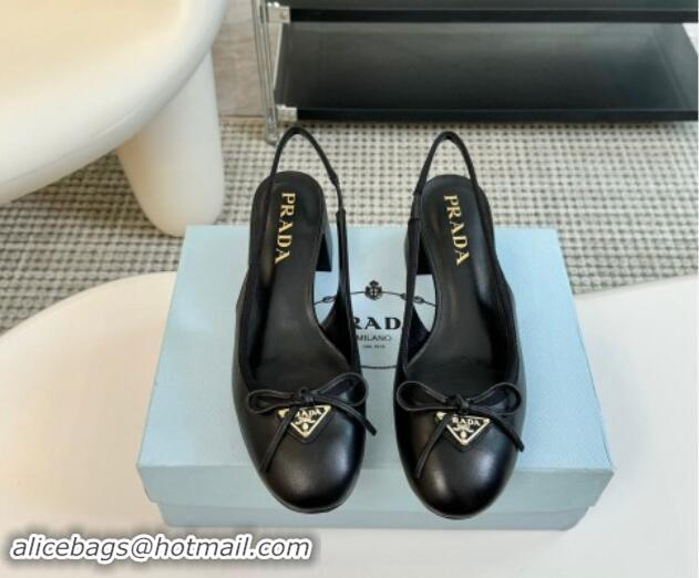 Top Grade Prada Leather Slingback Pumps with Bow and Logo Black 115010