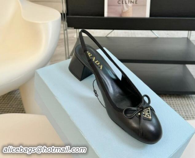 Top Grade Prada Leather Slingback Pumps with Bow and Logo Black 115010