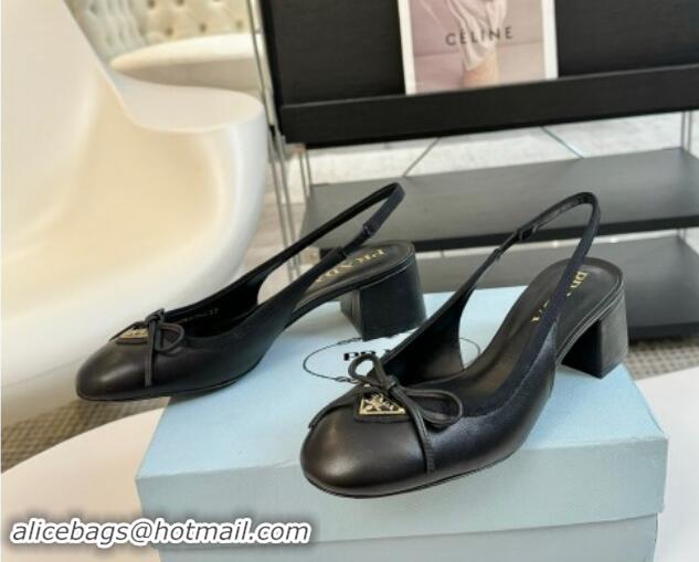 Top Grade Prada Leather Slingback Pumps with Bow and Logo Black 115010