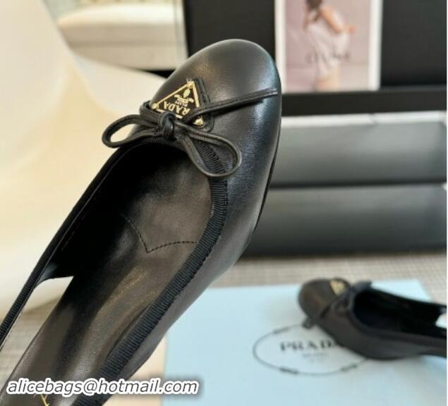 Top Grade Prada Leather Slingback Pumps with Bow and Logo Black 115010