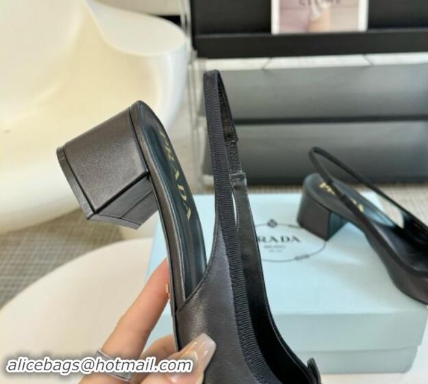 Top Grade Prada Leather Slingback Pumps with Bow and Logo Black 115010