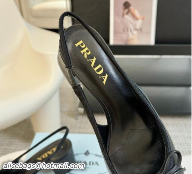 Top Grade Prada Leather Slingback Pumps with Bow and Logo Black 115010