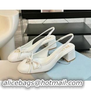 Grade Quality Prada Leather Slingback Pumps with Bow and Logo White 115011