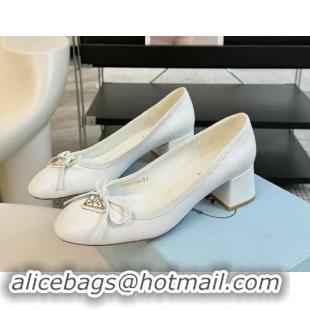 Duplicate Prada Calf Leather Pumps with Bow and Logo White 115012