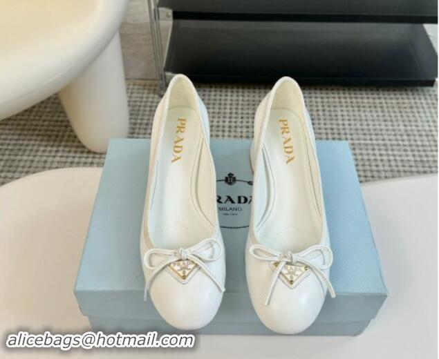 Duplicate Prada Calf Leather Pumps with Bow and Logo White 115012