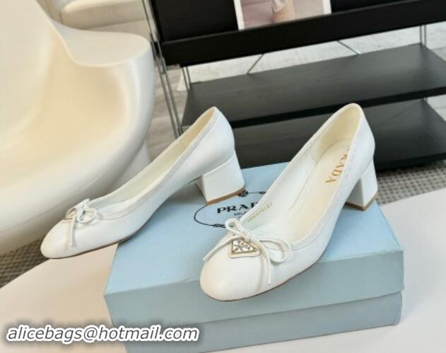 Duplicate Prada Calf Leather Pumps with Bow and Logo White 115012