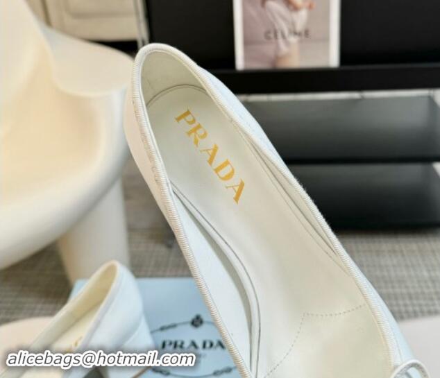 Duplicate Prada Calf Leather Pumps with Bow and Logo White 115012