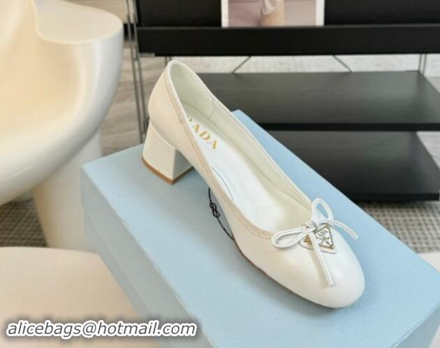 Duplicate Prada Calf Leather Pumps with Bow and Logo White 115012