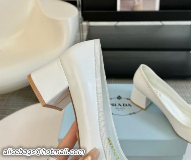 Duplicate Prada Calf Leather Pumps with Bow and Logo White 115012