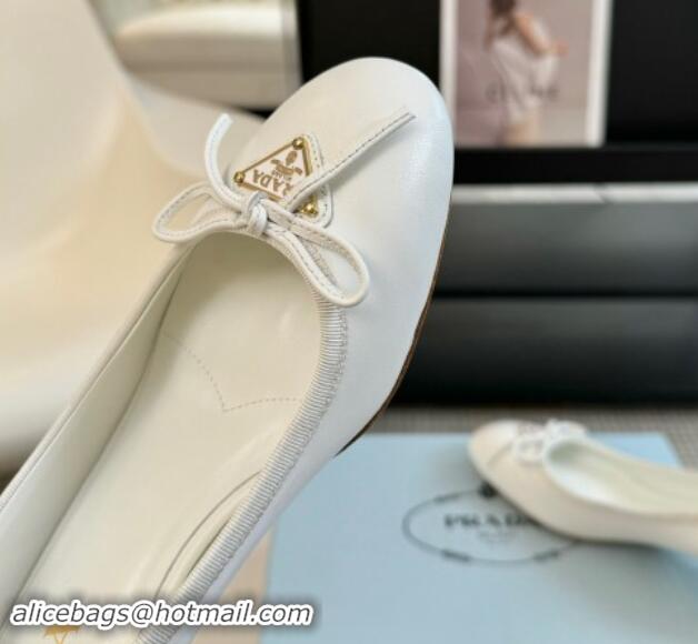 Duplicate Prada Calf Leather Pumps with Bow and Logo White 115012