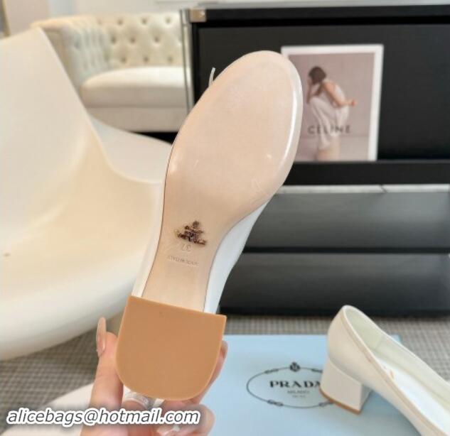 Duplicate Prada Calf Leather Pumps with Bow and Logo White 115012