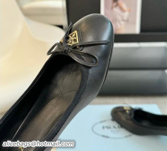 Stylish Prada Calf Leather Pumps with Bow and Logo Black 115013