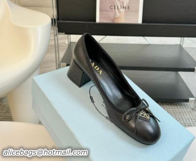 Stylish Prada Calf Leather Pumps with Bow and Logo Black 115013