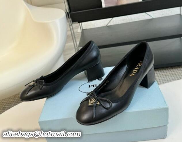 Stylish Prada Calf Leather Pumps with Bow and Logo Black 115013