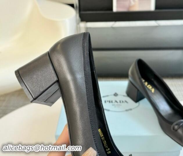 Stylish Prada Calf Leather Pumps with Bow and Logo Black 115013