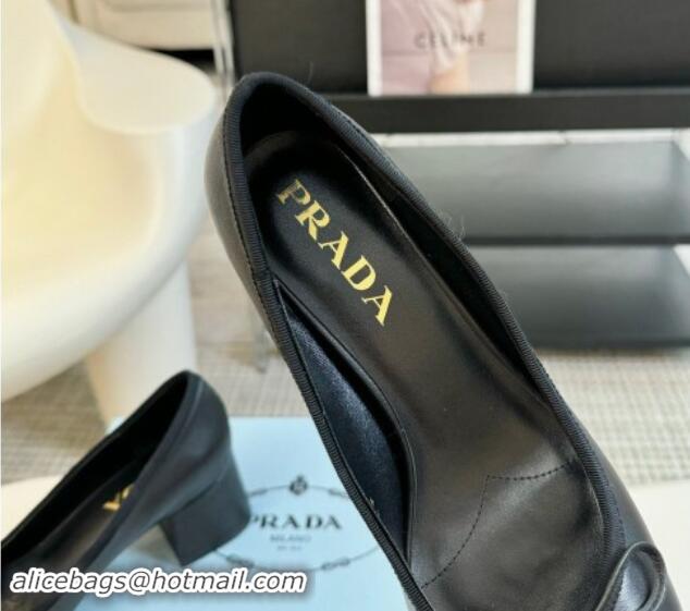 Stylish Prada Calf Leather Pumps with Bow and Logo Black 115013