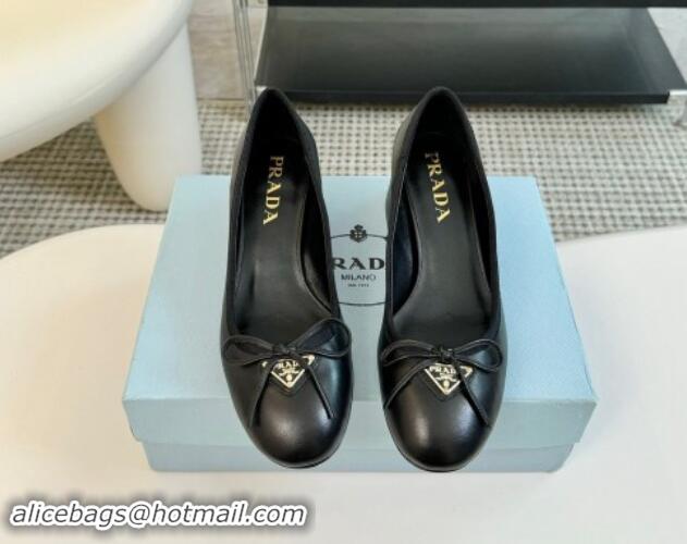 Stylish Prada Calf Leather Pumps with Bow and Logo Black 115013