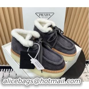 Shop Cheap Prada Suede Wool Laced up Ankle Boots 5cm Dark Grey 115023