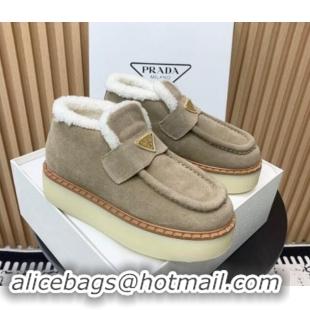 Buy Discount Prada Suede Wool Platform Slip-on Ankle Boots Dusty Beige 115024