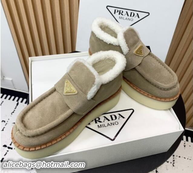 Buy Discount Prada Suede Wool Platform Slip-on Ankle Boots Dusty Beige 115024