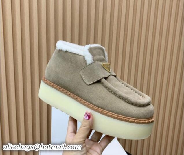 Buy Discount Prada Suede Wool Platform Slip-on Ankle Boots Dusty Beige 115024