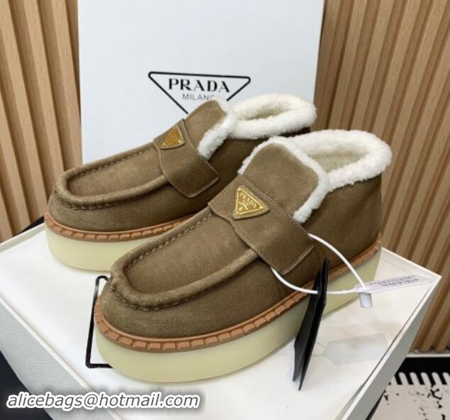 Pretty Style Prada Suede Wool Platform Slip-on Ankle Boots Khaki 115025