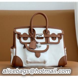 Best Price Hermes Birkin 25cm Cargo Bag in Swift Leather and Canvas H25 Brown/White 2024 (Full Handmade)