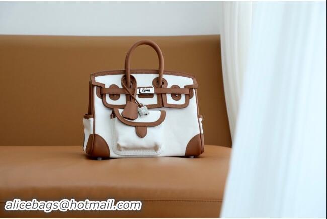 Best Price Hermes Birkin 25cm Cargo Bag in Swift Leather and Canvas H25 Brown/White 2024 (Full Handmade)