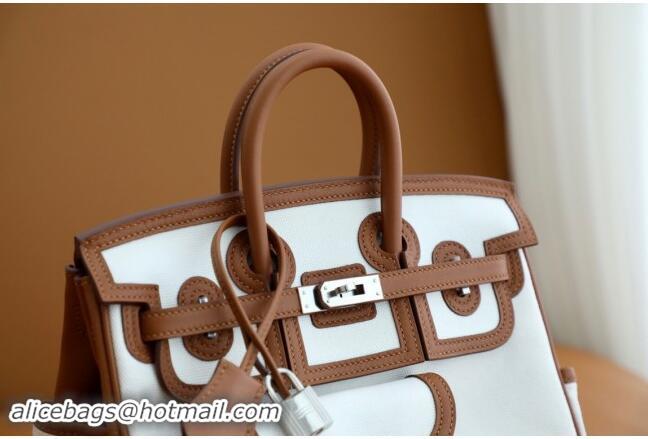 Best Price Hermes Birkin 25cm Cargo Bag in Swift Leather and Canvas H25 Brown/White 2024 (Full Handmade)