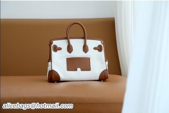 Best Price Hermes Birkin 25cm Cargo Bag in Swift Leather and Canvas H25 Brown/White 2024 (Full Handmade)