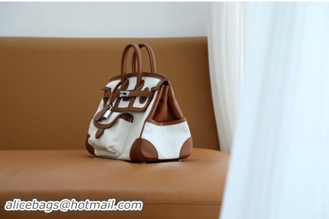 Best Price Hermes Birkin 25cm Cargo Bag in Swift Leather and Canvas H25 Brown/White 2024 (Full Handmade)