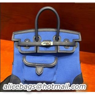 Famous Brand Hermes Birkin 25cm Cargo Bag in Swift Leather and Canvas H25 Black/Blue 2024 (Full Handmade)