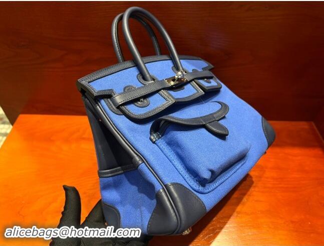 Famous Brand Hermes Birkin 25cm Cargo Bag in Swift Leather and Canvas H25 Black/Blue 2024 (Full Handmade)