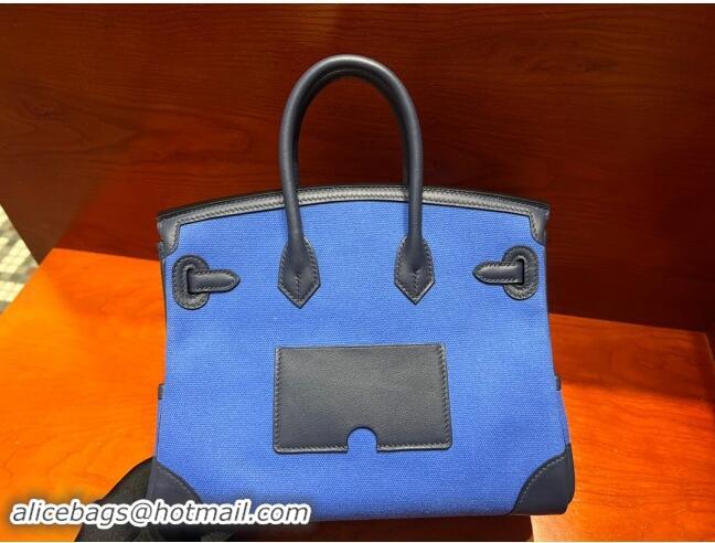 Famous Brand Hermes Birkin 25cm Cargo Bag in Swift Leather and Canvas H25 Black/Blue 2024 (Full Handmade)