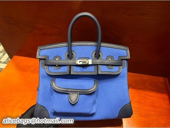 Famous Brand Hermes Birkin 25cm Cargo Bag in Swift Leather and Canvas H25 Black/Blue 2024 (Full Handmade)