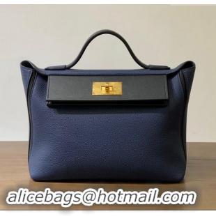 Best Design Hermes Kelly 24/24 Bag in Original Evercolor & Swift Leather H2424 Blue Sapphire/Silver 2024 (Full Handmade)