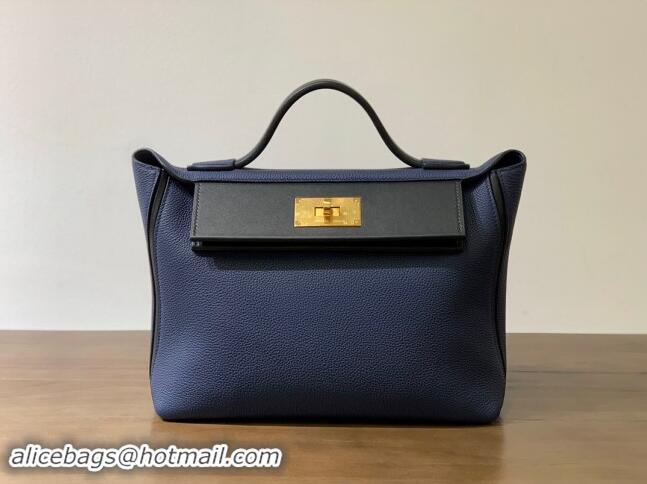 Best Design Hermes Kelly 24/24 Bag in Original Evercolor & Swift Leather H2424 Blue Sapphire/Silver 2024 (Full Handmade)