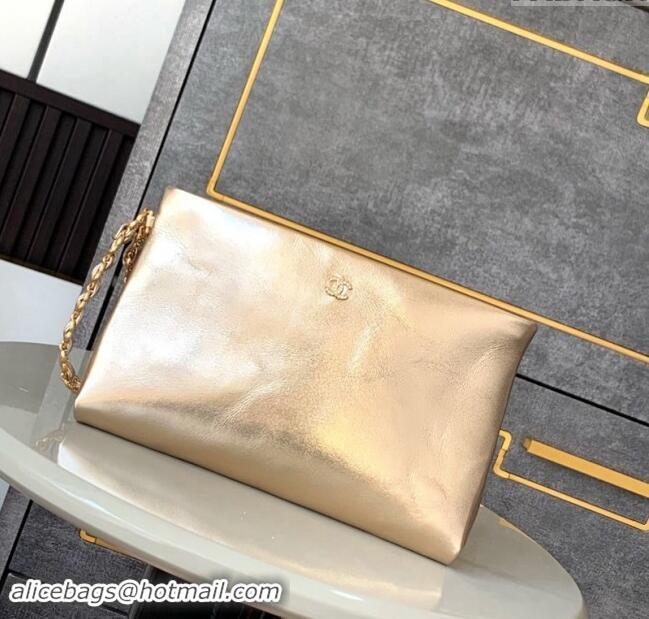 Top Quality Chanel Metallic Lambskin Pouch with Handle AP4281 Gold 2024