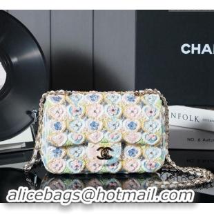 Super Quality Chanel Embroidered Satin & Sequins Classic Mini Flap Bag with Bloom A69900 White