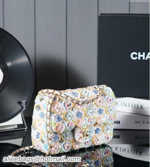 Super Quality Chanel Embroidered Satin & Sequins Classic Mini Flap Bag with Bloom A69900 White