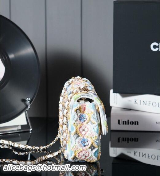 Super Quality Chanel Embroidered Satin & Sequins Classic Mini Flap Bag with Bloom A69900 White