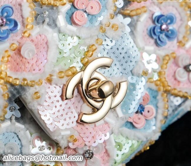 Super Quality Chanel Embroidered Satin & Sequins Classic Mini Flap Bag with Bloom A69900 White