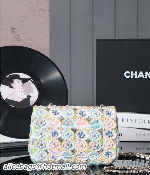 Super Quality Chanel Embroidered Satin & Sequins Classic Mini Flap Bag with Bloom A69900 White