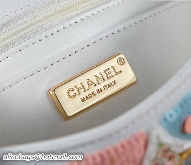 Super Quality Chanel Embroidered Satin & Sequins Classic Mini Flap Bag with Bloom A69900 White