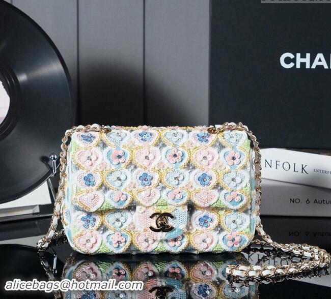 Super Quality Chanel Embroidered Satin & Sequins Classic Mini Flap Bag with Bloom A69900 White