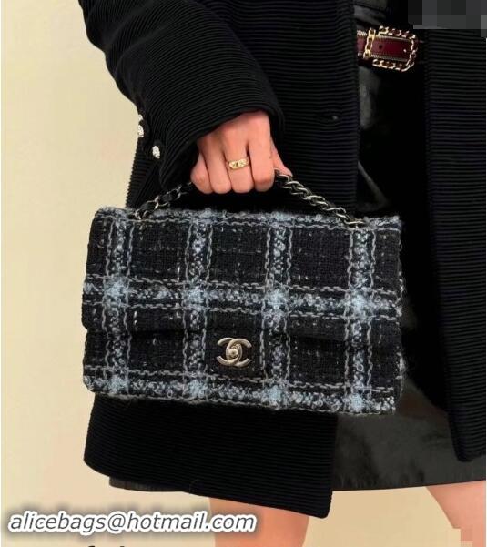 Best Price Chanel Wool Tweed Classic 11.12 Medium Flap Bag A01112 Black/Blue 2024